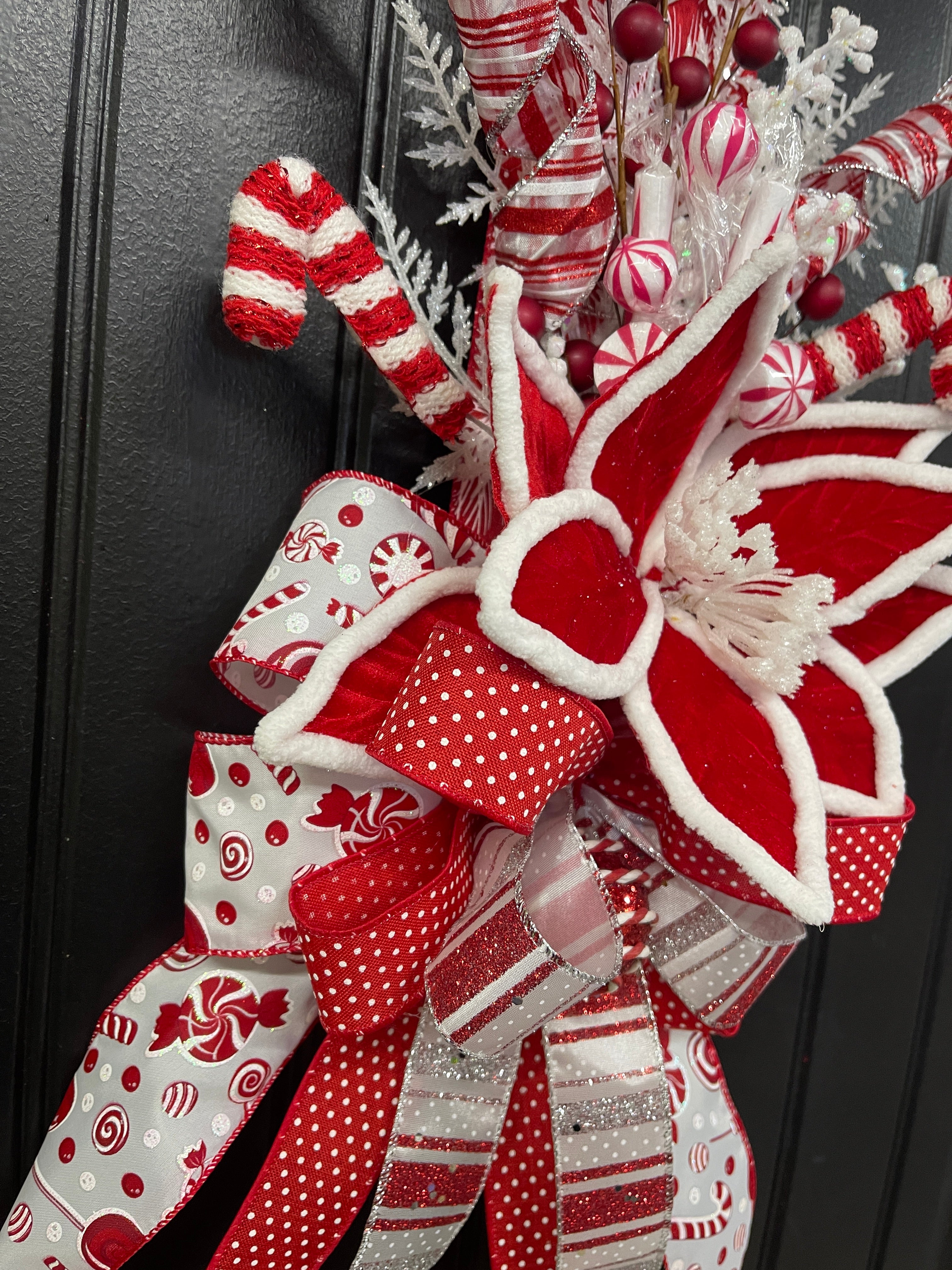 Double Sided Candy Cane Poinsettia Door Ribbon Swag, Holiday Storm Door Decor, KatsCreationsNMore