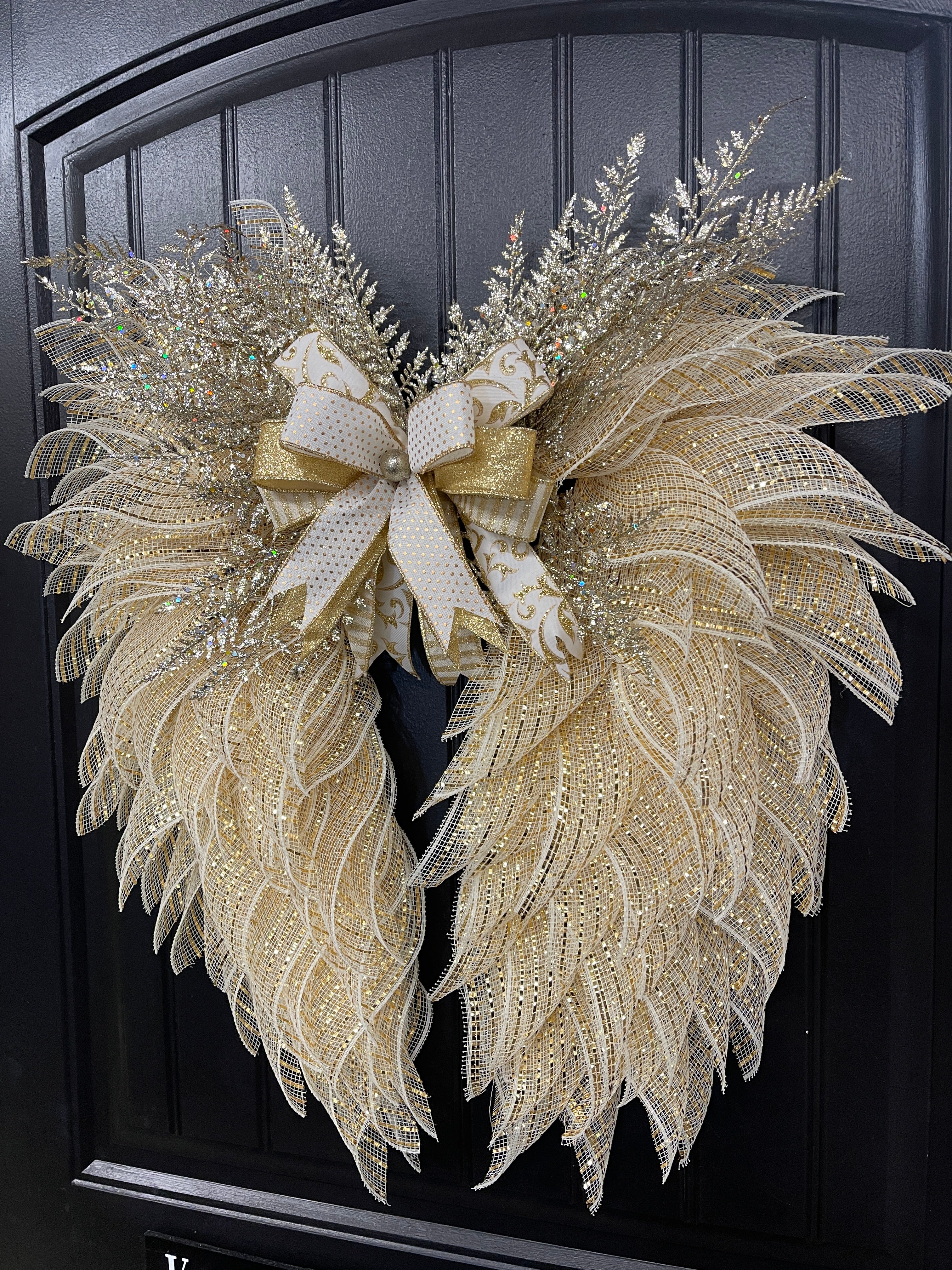Gold and Cream Angel Wings Wreath, Christmas Holiday Angel Floral Wreath, KatsCreationsNMore