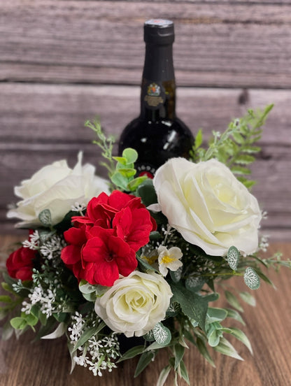 Rose and Geranium Bottle Bouquet, Hostess Gift, Floral Bottle Arrangement, Elegant Candle Holder, KatsCreationsNMore