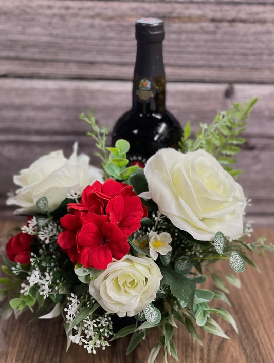 Rose and Geranium Bottle Bouquet, Hostess Gift, Floral Bottle Arrangement, Elegant Candle Holder, KatsCreationsNMore