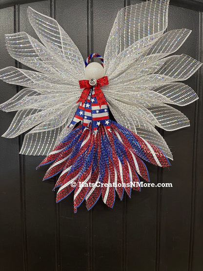 Limited Edition Patriotic Angel – America 250th Anniversary Decor, Liberty Angel Wreath Attachment, Red White Blue Deco Mesh Angel, 4th of July Door Decor, Faith Limited Edition Angel, KatsCreationsNMore