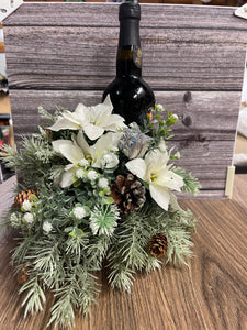 Christmas Floral Bottle Bouquet, Poinsettia and Pine Winter Hostess Gift, KatsCreationsNMore