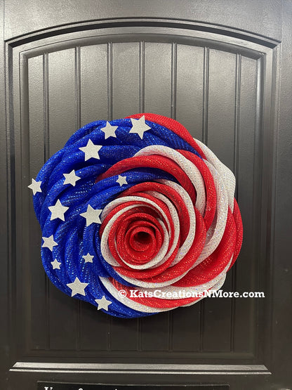 Patriotic Rose Wreath, Deco Mesh Floral Front Door Decor, KatsCreationsNMore