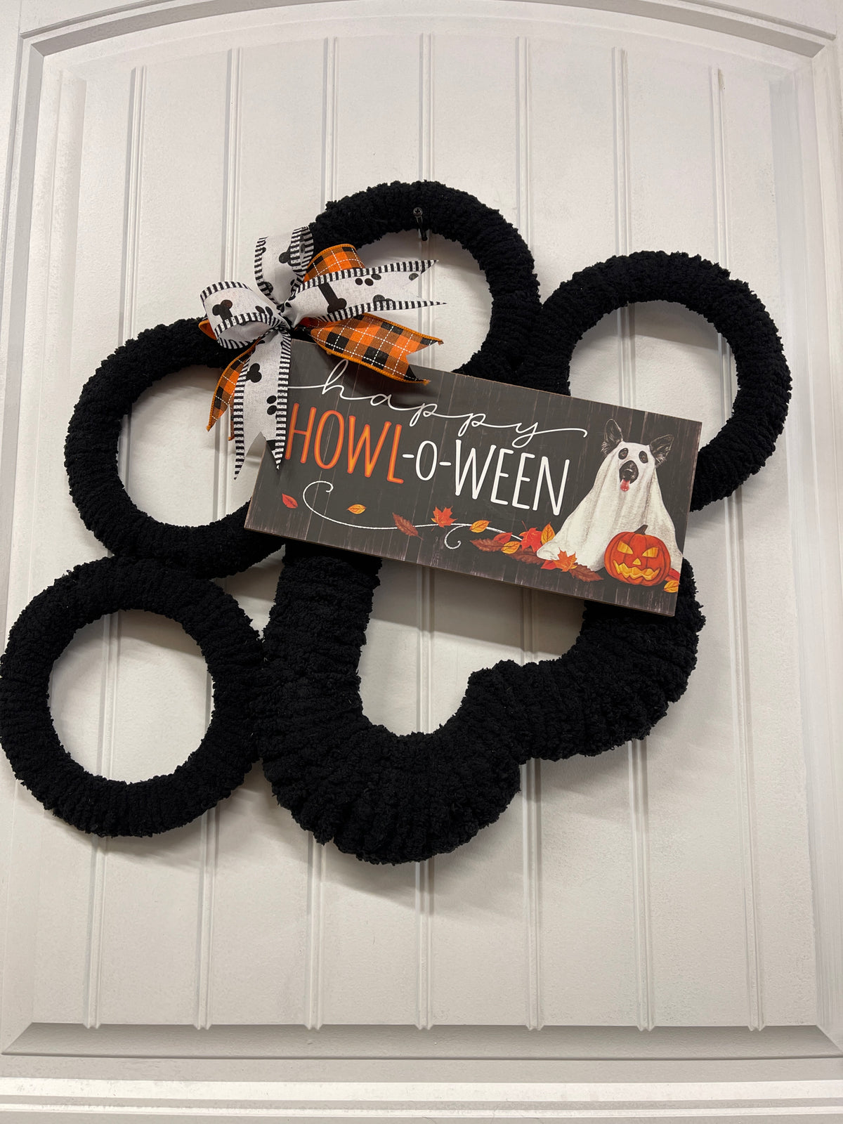 Black Dog Paw Print Chenille Yarn Happy Halloween Wreath by KatsCreationsNMore
