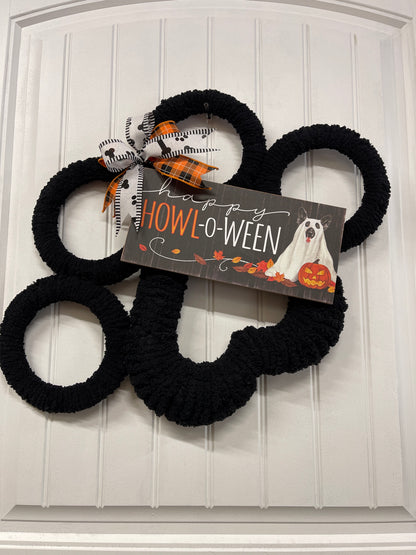 Black Dog Paw Print Chenille Yarn Happy Halloween Wreath by KatsCreationsNMore