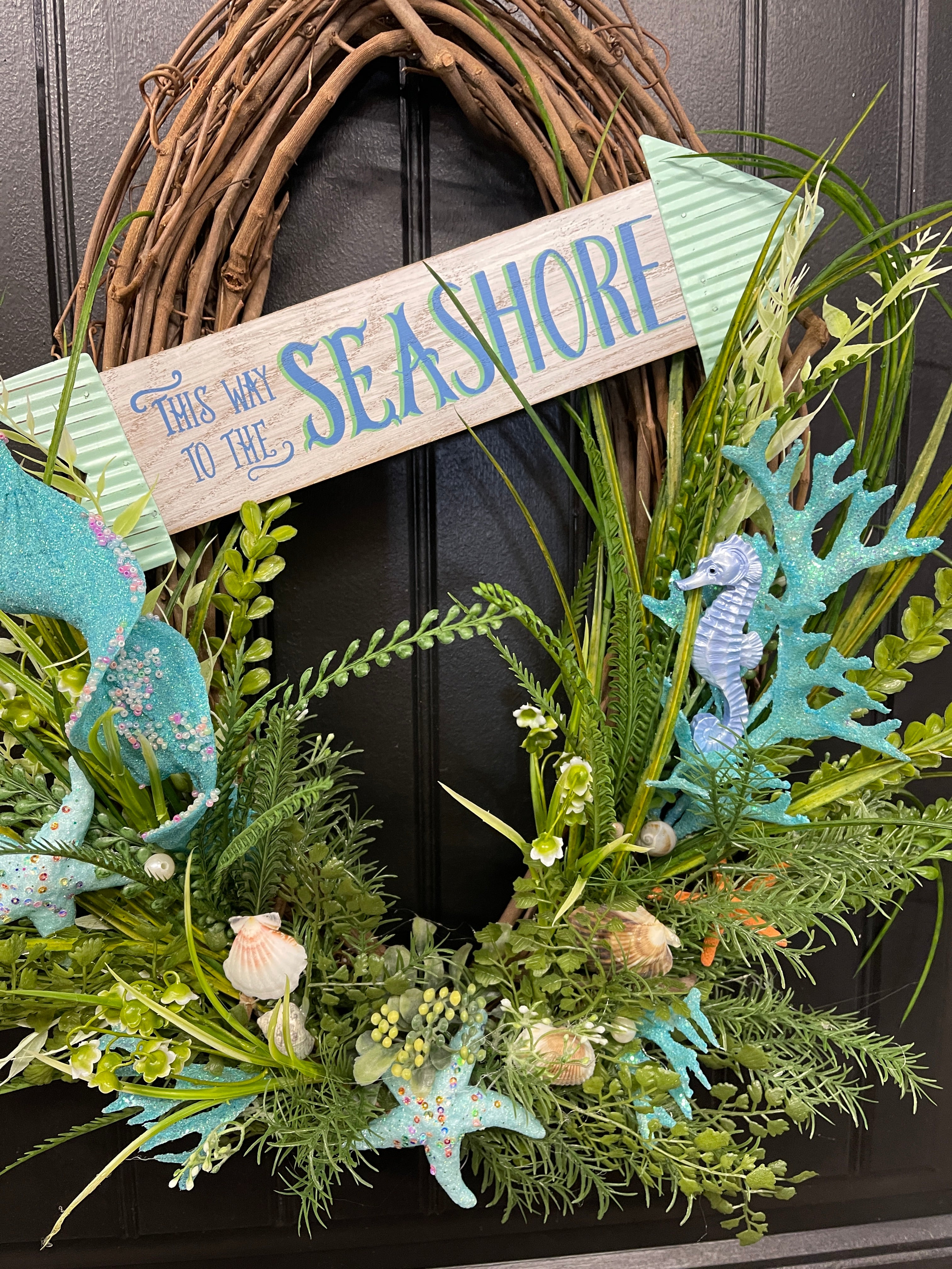 Coastal Grapevine Wreath, Beach Cottage Front Door Decor, This Way to the Seashore, KatsCreationsNMore