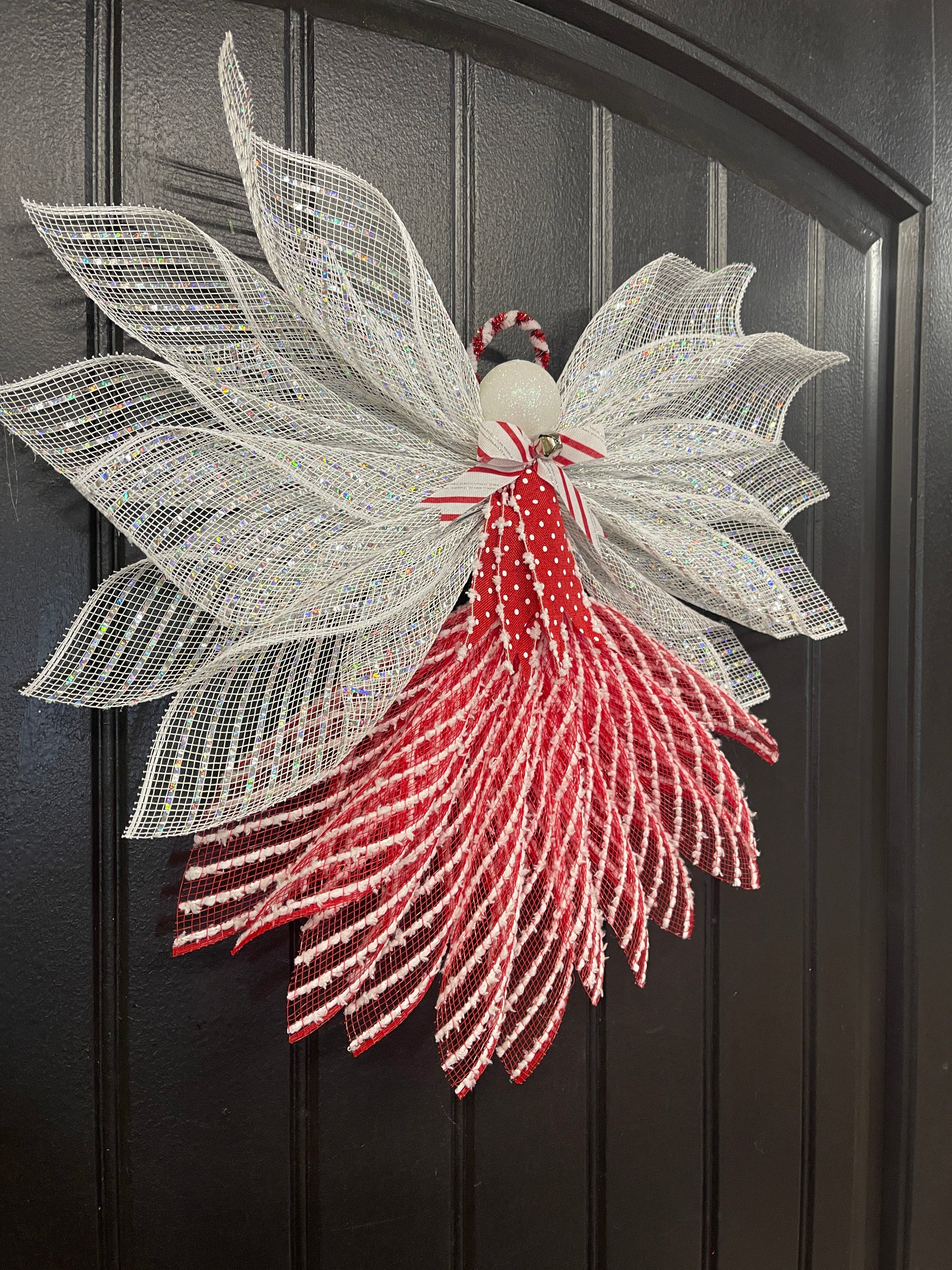 Peppermint Christmas Angel Tree Topper, Holiday Guardian Angel Wreath, Graveside Memorial, KatsCreationsNMore