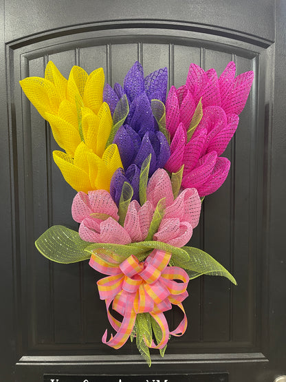 Spring Deco Mesh Tulip Bouquet Wreath, Floral Swag Front Door Decor, KatsCreationsNMore