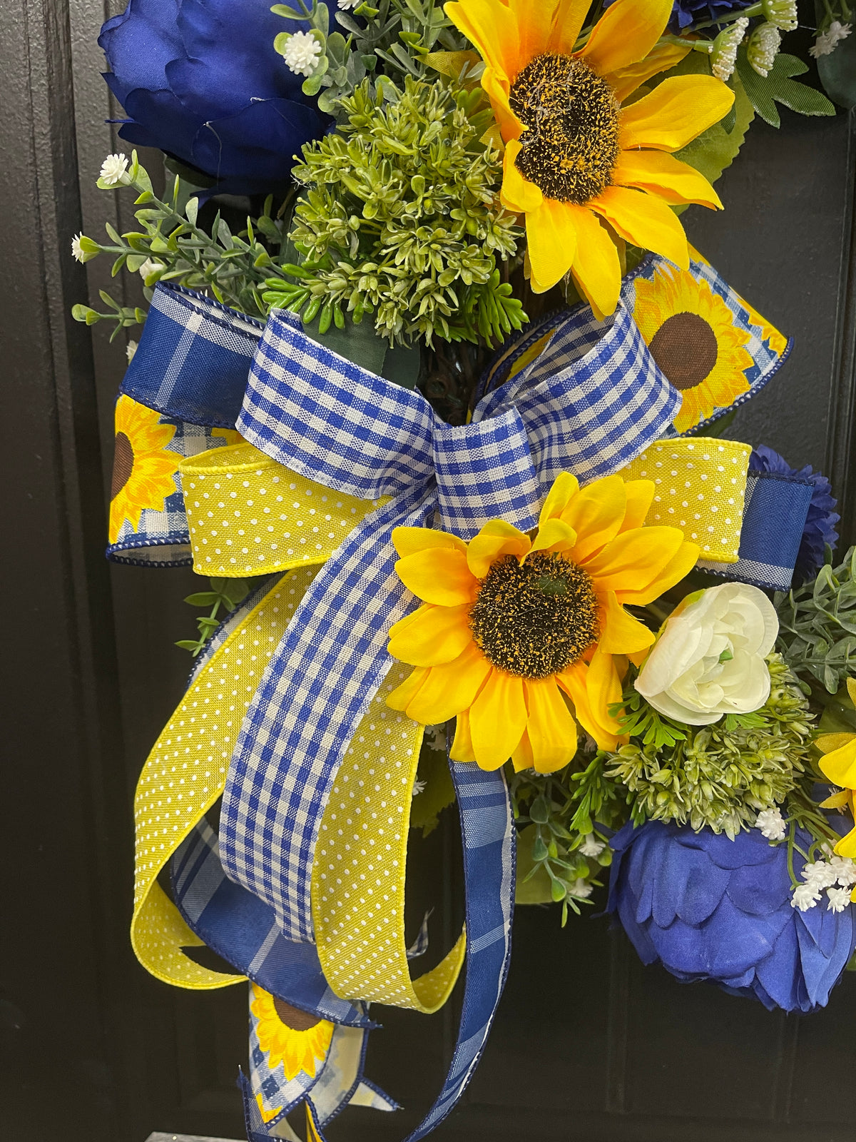 Sunflower and Peony Grapevine Wreath – Yellow and Blue Summer Door Decor - KatsCreationsNMore