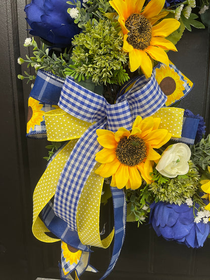 Sunflower and Peony Grapevine Wreath – Yellow and Blue Summer Door Decor - KatsCreationsNMore