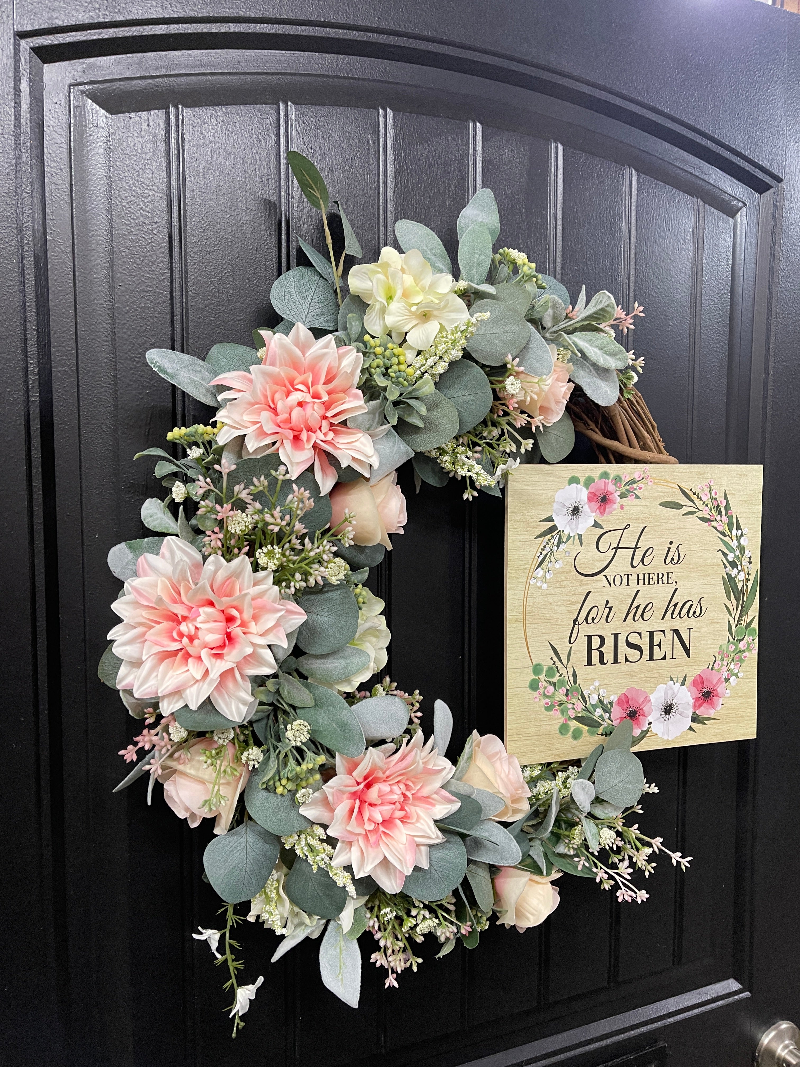 He is Risen Easter Floral Grapevine Wreath, Spring Resurrection Faith Front Door Decor, KatsCreationsNMore