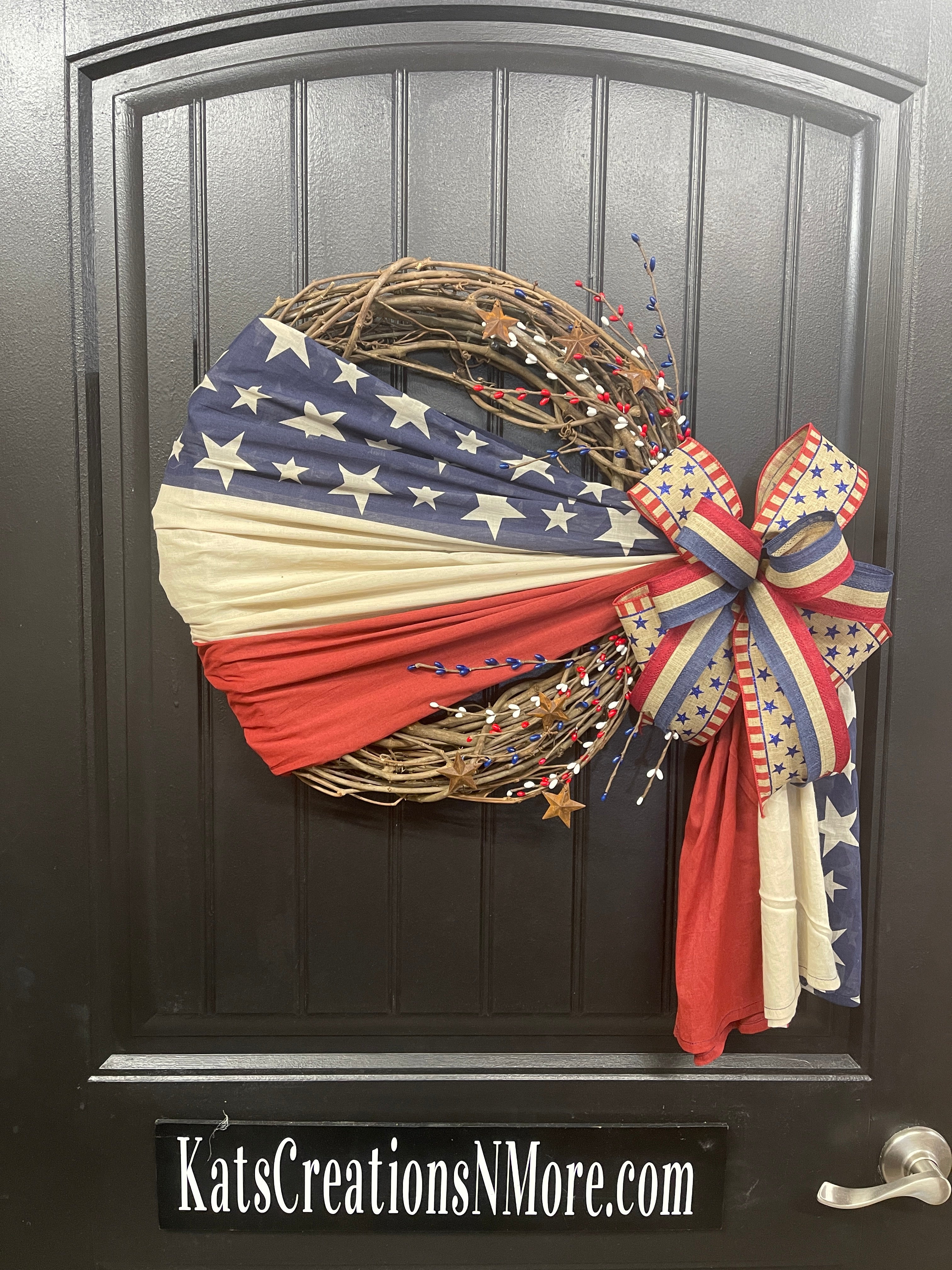 Rustic Americana Flag Grapevine Wreath | Patriotic Front Door Decor | 4th of July Wreath | Veterans Day | Rustic Country Americana Home Accent, KatsCreationsNMore