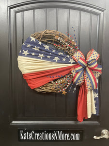 Rustic Americana Flag Grapevine Wreath | Patriotic Front Door Decor | 4th of July Wreath | Veterans Day | Rustic Country Americana Home Accent, KatsCreationsNMore