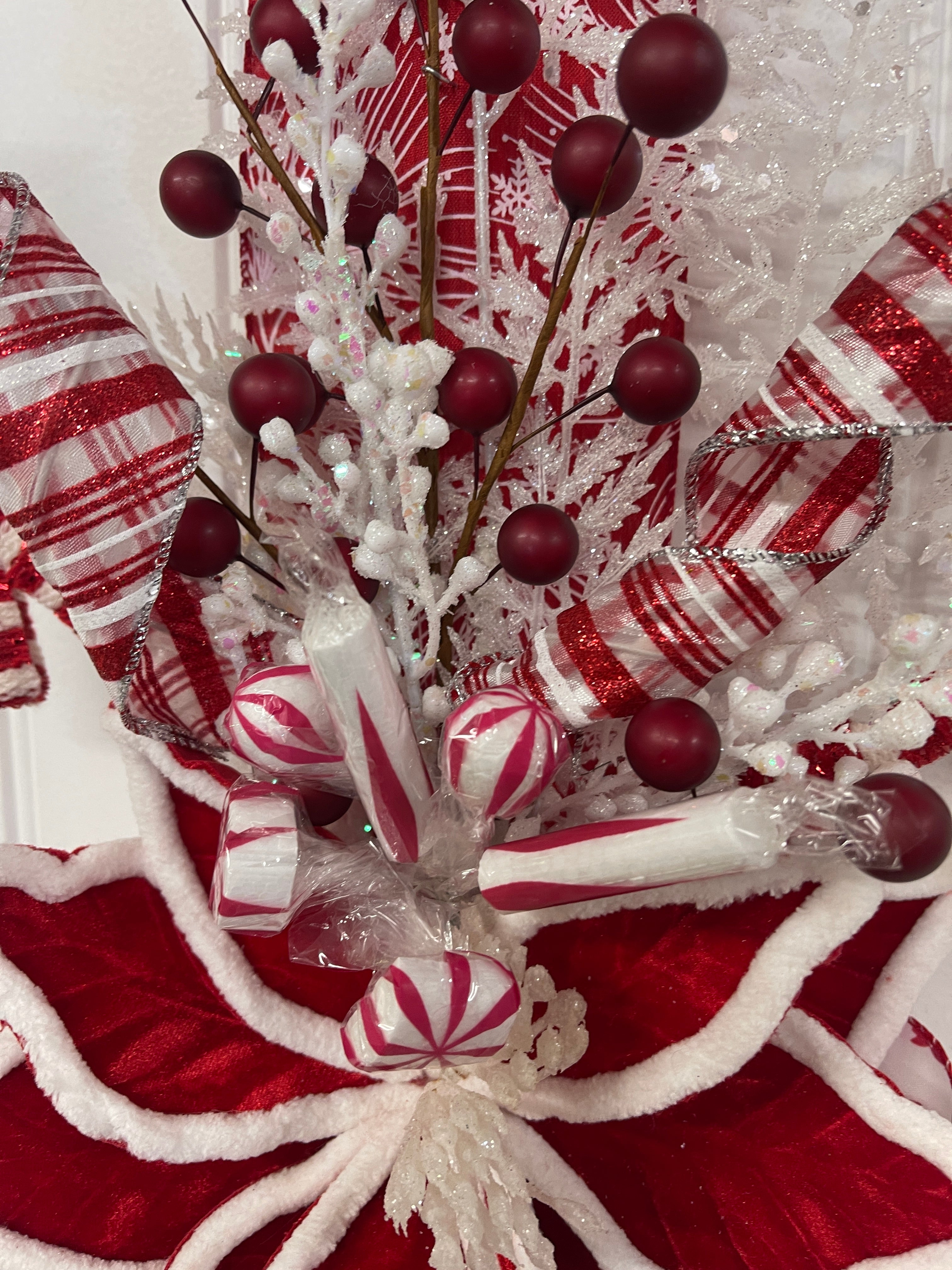 Double Sided Candy Cane Poinsettia Door Ribbon Swag, Holiday Storm Door Decor, KatsCreationsNMore
