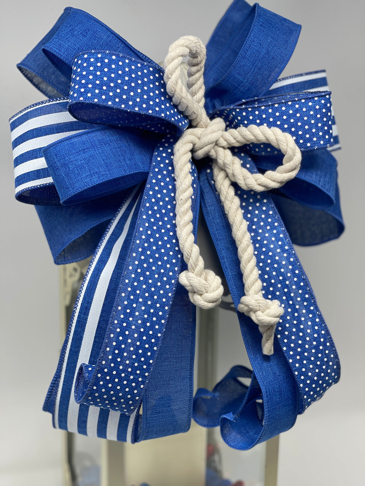 Nautical Blue And White Rope Bow Set, Coastal Lantern Bow, Patriotic Mailbox Bow, Beach House Decor, Front Door Bow Set