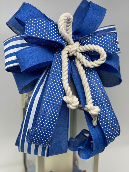 Nautical Blue And White Rope Bow Set, Coastal Lantern Bow, Patriotic Mailbox Bow, Beach House Decor, Front Door Bow Set