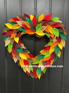 Colorful Felt Leaf Heart Wreath – 14” Fall Storm Door Wreath – Autumn Decor – Handmade Heart-Shaped Wreath – Cozy Seasonal Home Accent, KatsCreationsNMore