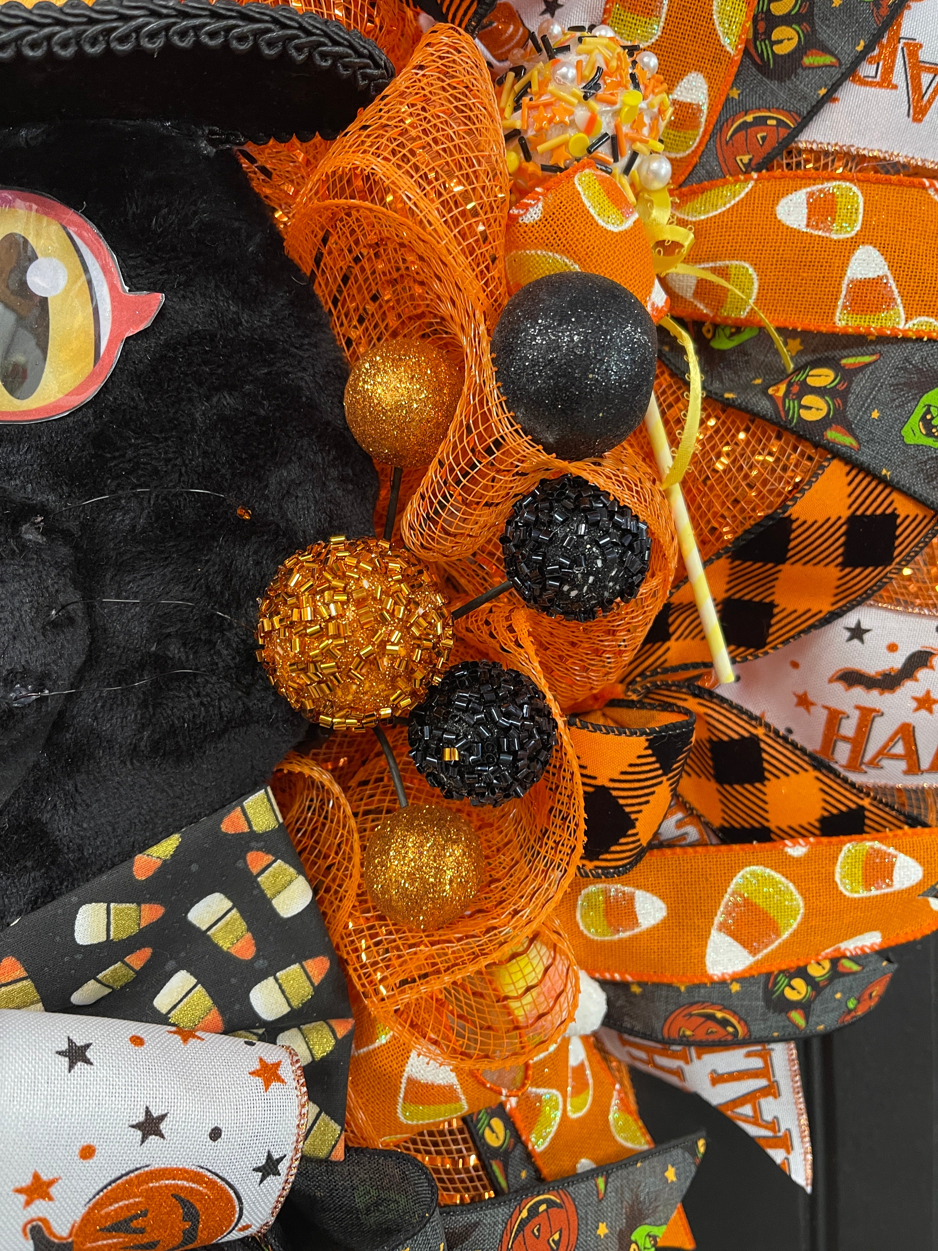 Retro Black Cat Vintage Halloween Wreath for Front Door by KatsCreationsNMore