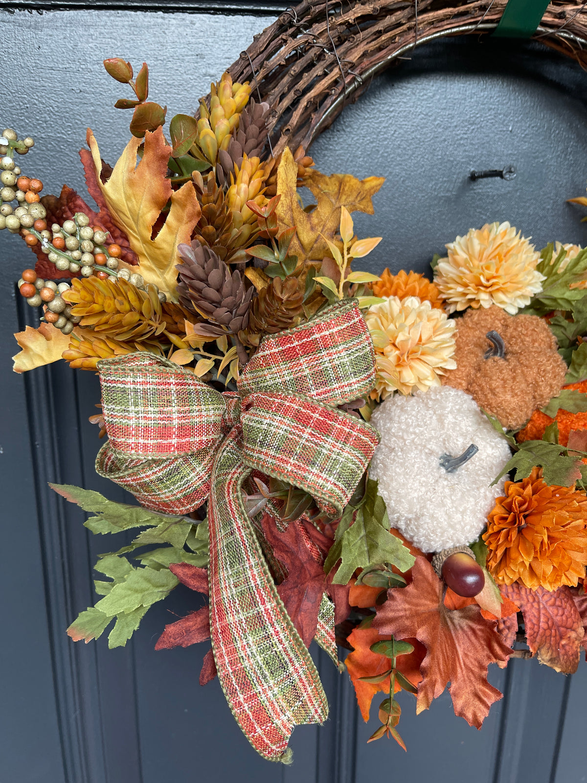 Fall Floral Basket, Pumpkin Grapevine Door Hanger, Autumn Floral Arrangement, Rustic Fall Front Door, Ready to Ship