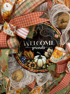 Rustic Welcome Friends Fall Pumpkin Wreath by KatsCreationsNMore