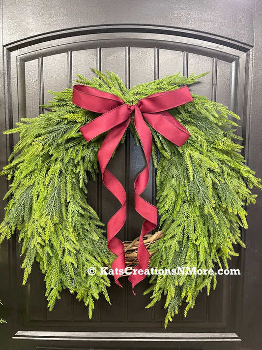 Norfolk Pine Evergreen Wreath, Christmas Grapevine Greenery with Burgundy Bow, KatsCreationsNMore