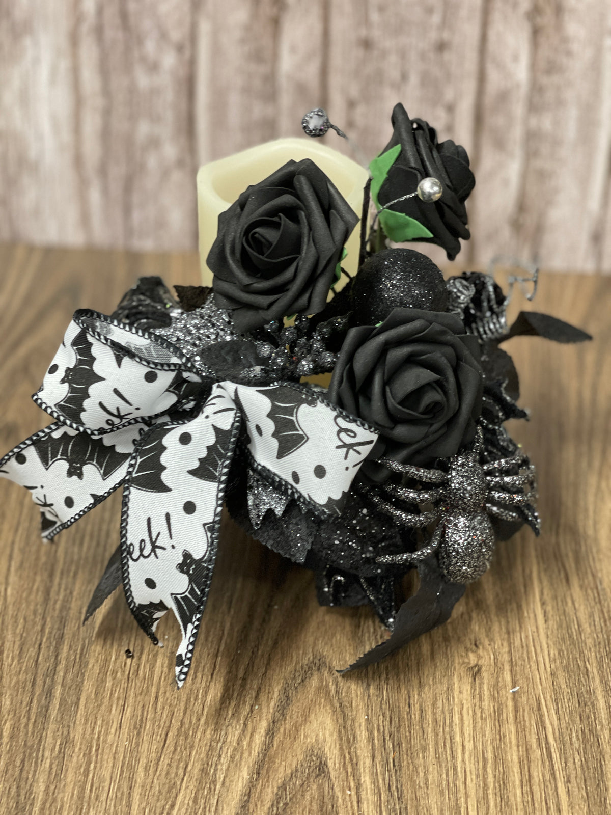 Halloween Floral Bottle Bouquet, Spooky Black Rose Centerpiece, Spider Candle Holder Arrangement, KatsCreationsNMore