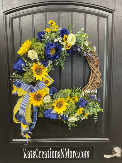Sunflower and Peony Grapevine Wreath – Yellow and Blue Summer Door Decor - KatsCreationsNMore