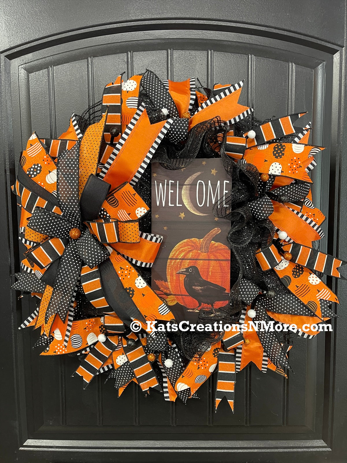 Halloween Welcome Wreath with Pumpkin & Raven Sign | Black & Orange Deco Mesh Front Door Wreath | Spooky Fall Porch Decor Handmade