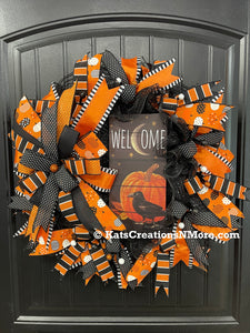 Halloween Welcome Wreath with Pumpkin & Raven Sign | Black & Orange Deco Mesh Front Door Wreath | Spooky Fall Porch Decor Handmade