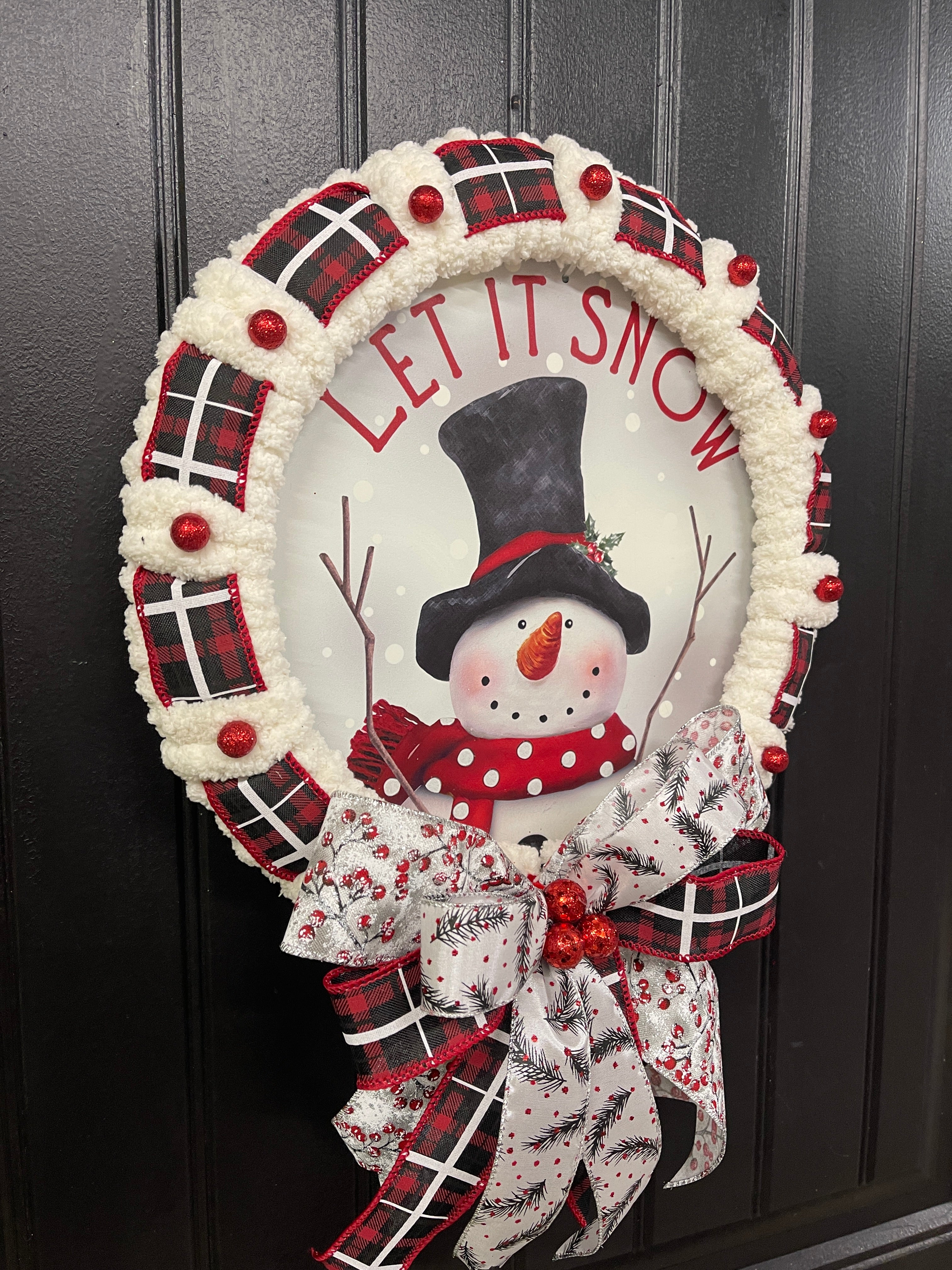 Winter Snowman Let It Snow Wreath, Buffalo Plaid Christmas Storm Door Decor, KatsCreationsNMore