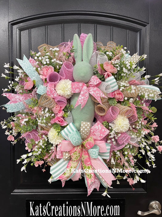 Pastel Easter Bunny Wreath | Pink Spring Front Door Decor | Cottage Style Easter Wreath | Handmade Bunny Door Decor, KatsCreationsNMore