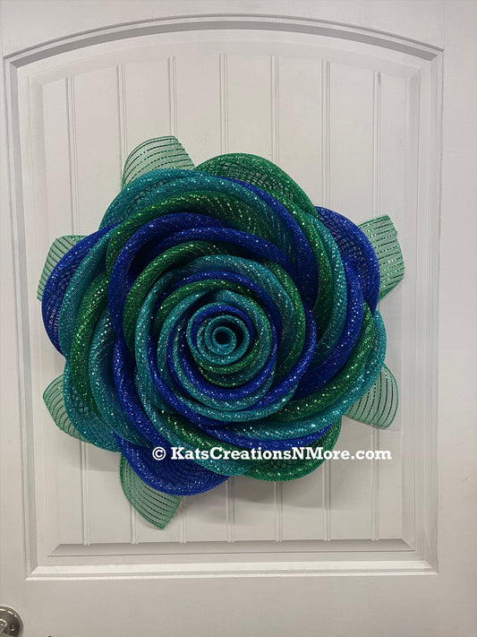 Peacock Colored Deco Mesh Rose Wreath, Fantasy Floral Front Door Decor, KatsCreationsNMore
