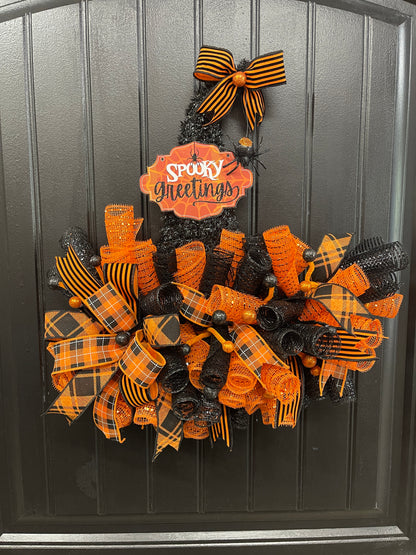 Halloween Witch Hat Spooky Greetings Wreath by KatsCreationsNMore
