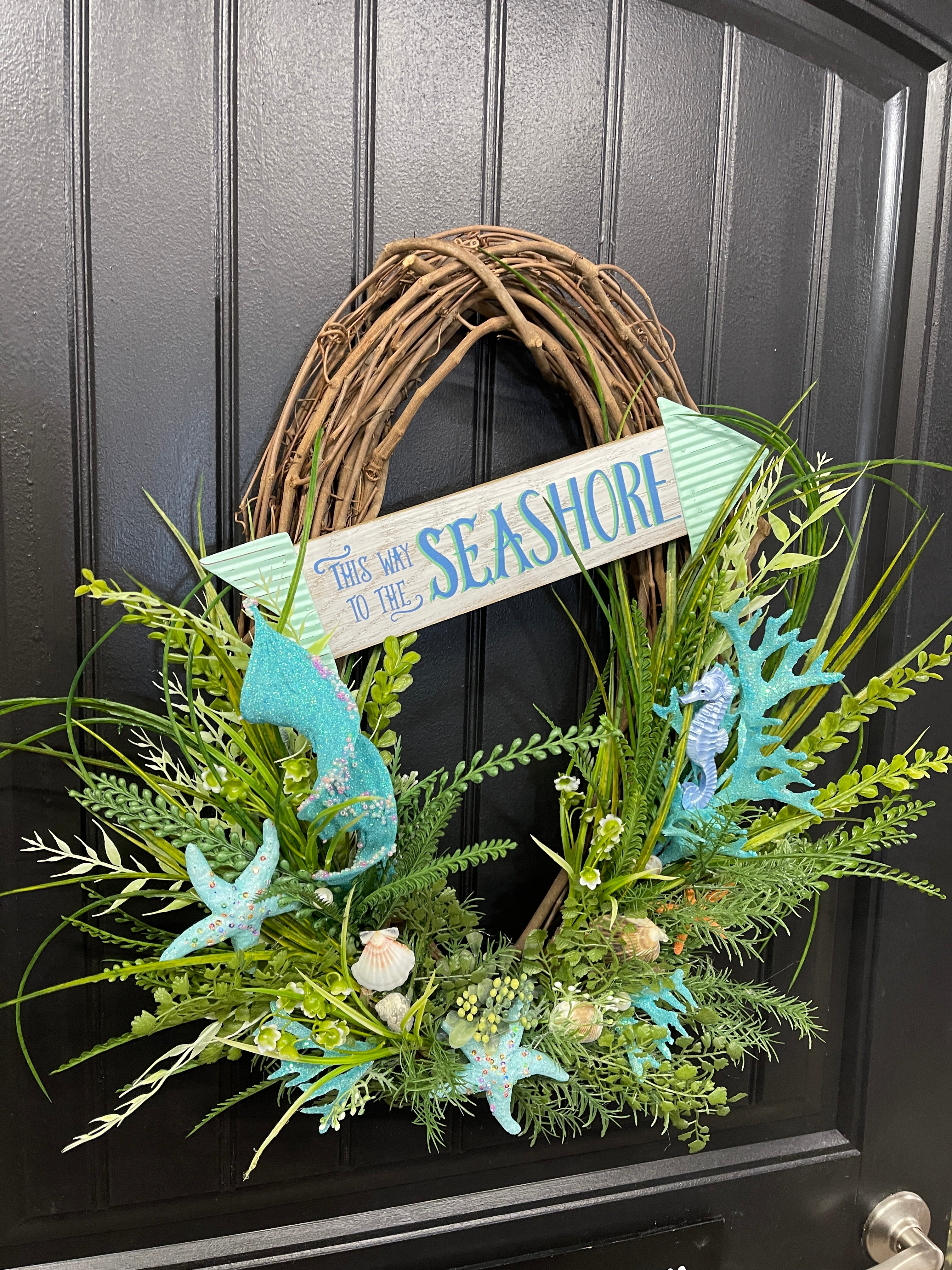 Coastal Grapevine Wreath, Beach Cottage Front Door Decor, This Way to the Seashore, KatsCreationsNMore