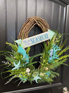 Coastal Grapevine Wreath, Beach Cottage Front Door Decor, This Way to the Seashore, KatsCreationsNMore