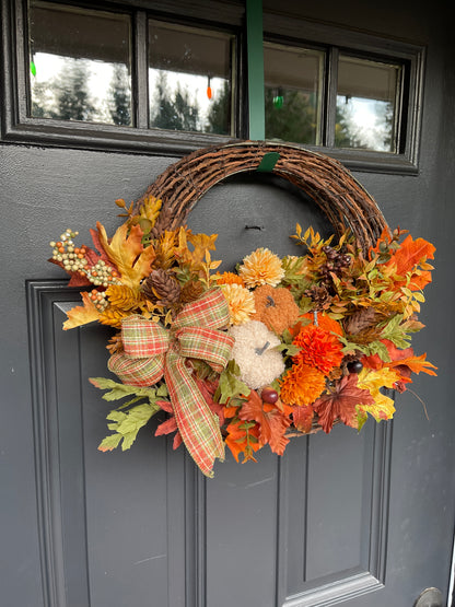 Fall Floral Basket, Pumpkin Grapevine Door Hanger, Autumn Floral Arrangement, Rustic Fall Front Door, Ready to Ship