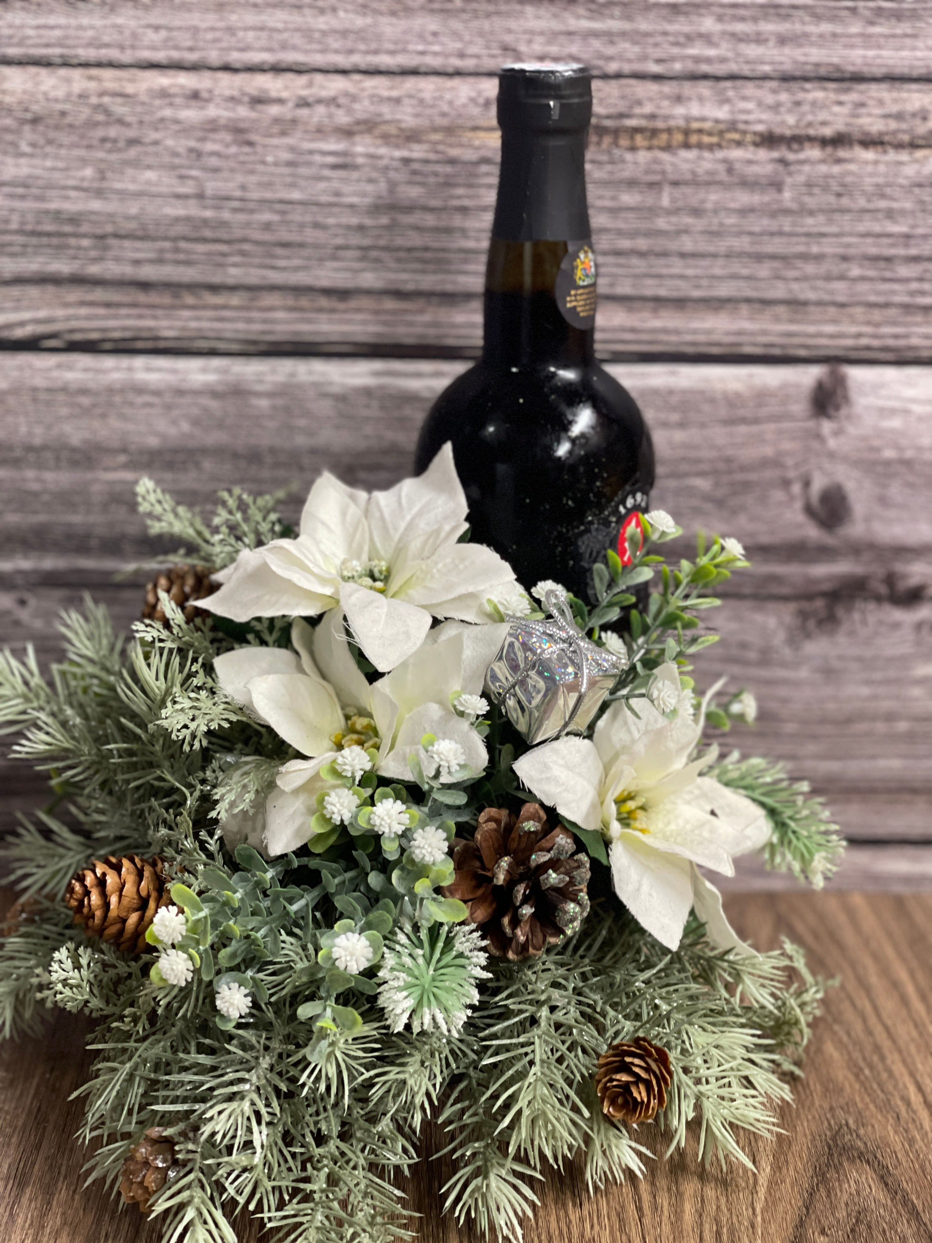 Christmas Floral Bottle Bouquet, Poinsettia and Pine Winter Hostess Gift, KatsCreationsNMore