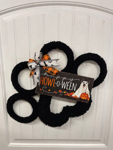 Black Dog Paw Print Chenille Yarn Happy Halloween Wreath by KatsCreationsNMore