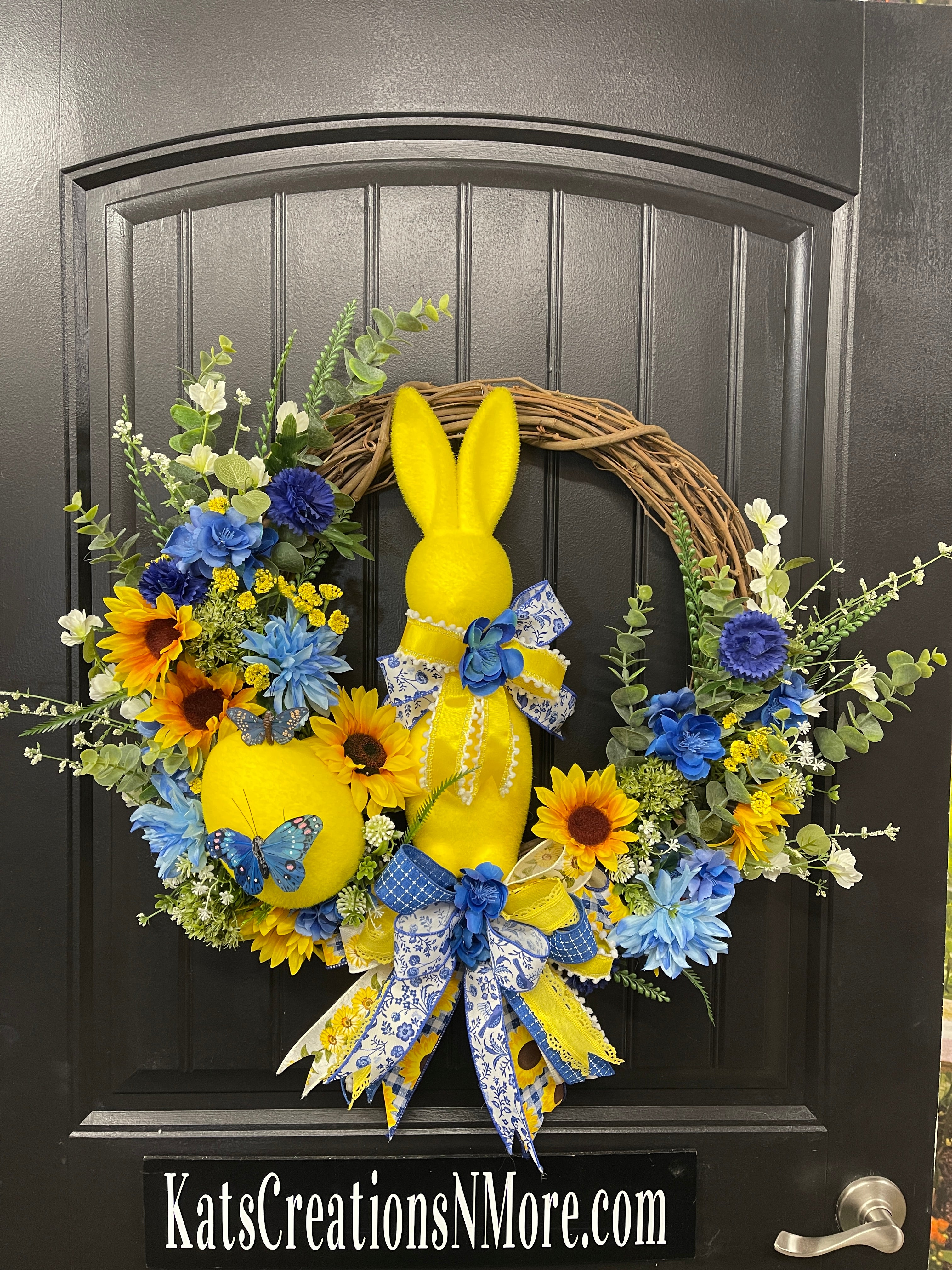 French Country Spring Flocked Bunny Floral Grapevine Wreath, KatsCreationsNMore