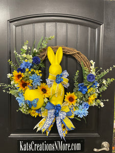 French Country Spring Flocked Bunny Floral Grapevine Wreath, KatsCreationsNMore