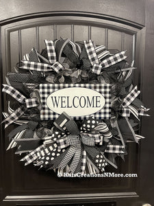 Black and White Welcome Wreath with Interchangeable Signs, 1 Wreath, 4 Looks, KatsCreationsNMore