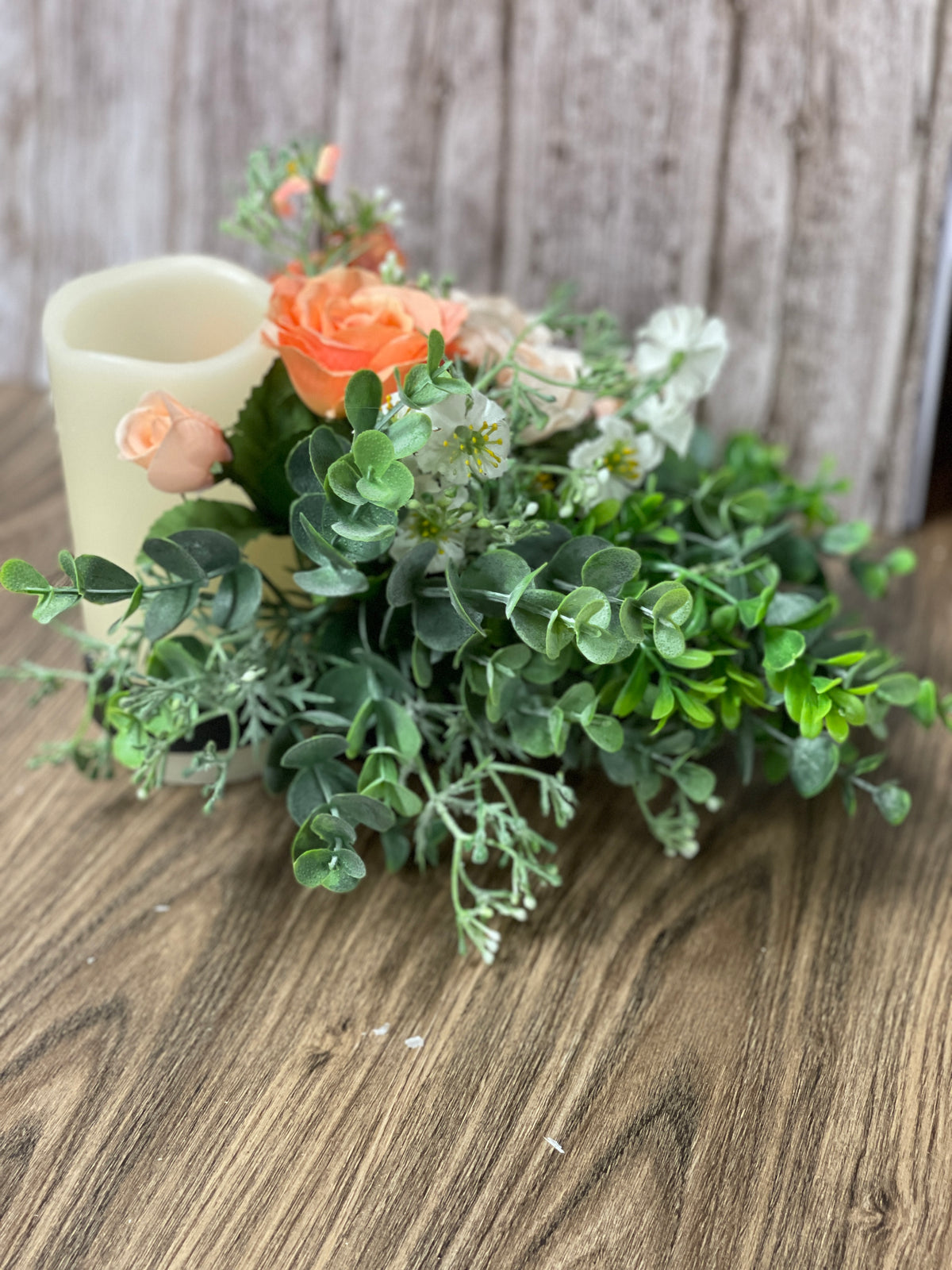 Spring Peach Rose and Ivory Ranuculus Bottle Bouquet, Floral Candle Holder, Table Centerpiece, Hostess Gift, Baby or Bridal Shower Arrangement, KatsCreationsNMore