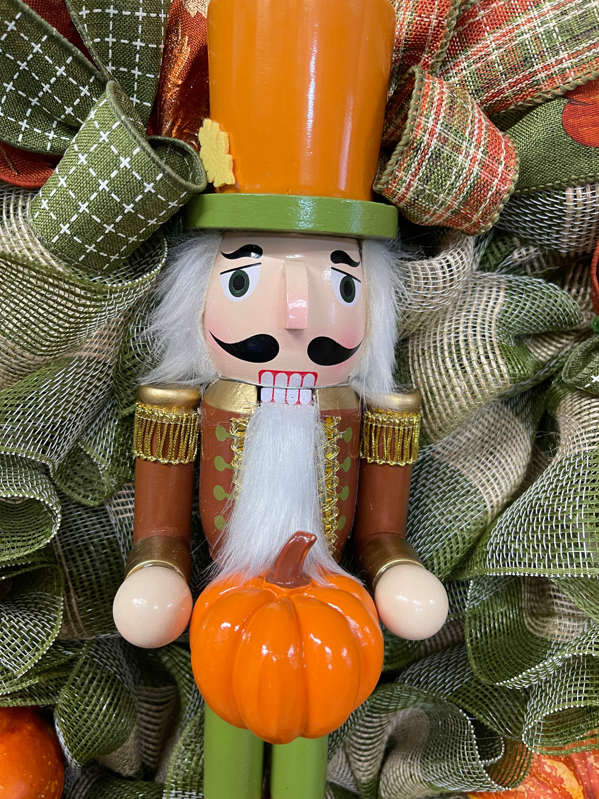 Pumpkin Nutcracker Fall Wreath – Rustic Autumn Front Door Wreath with Pumpkins and Plaid Ribbon