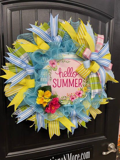 Hello Summer Wreath, Hibiscus Floral Front Door Decor, Beach House Decoration, KatsCreationsNMore
