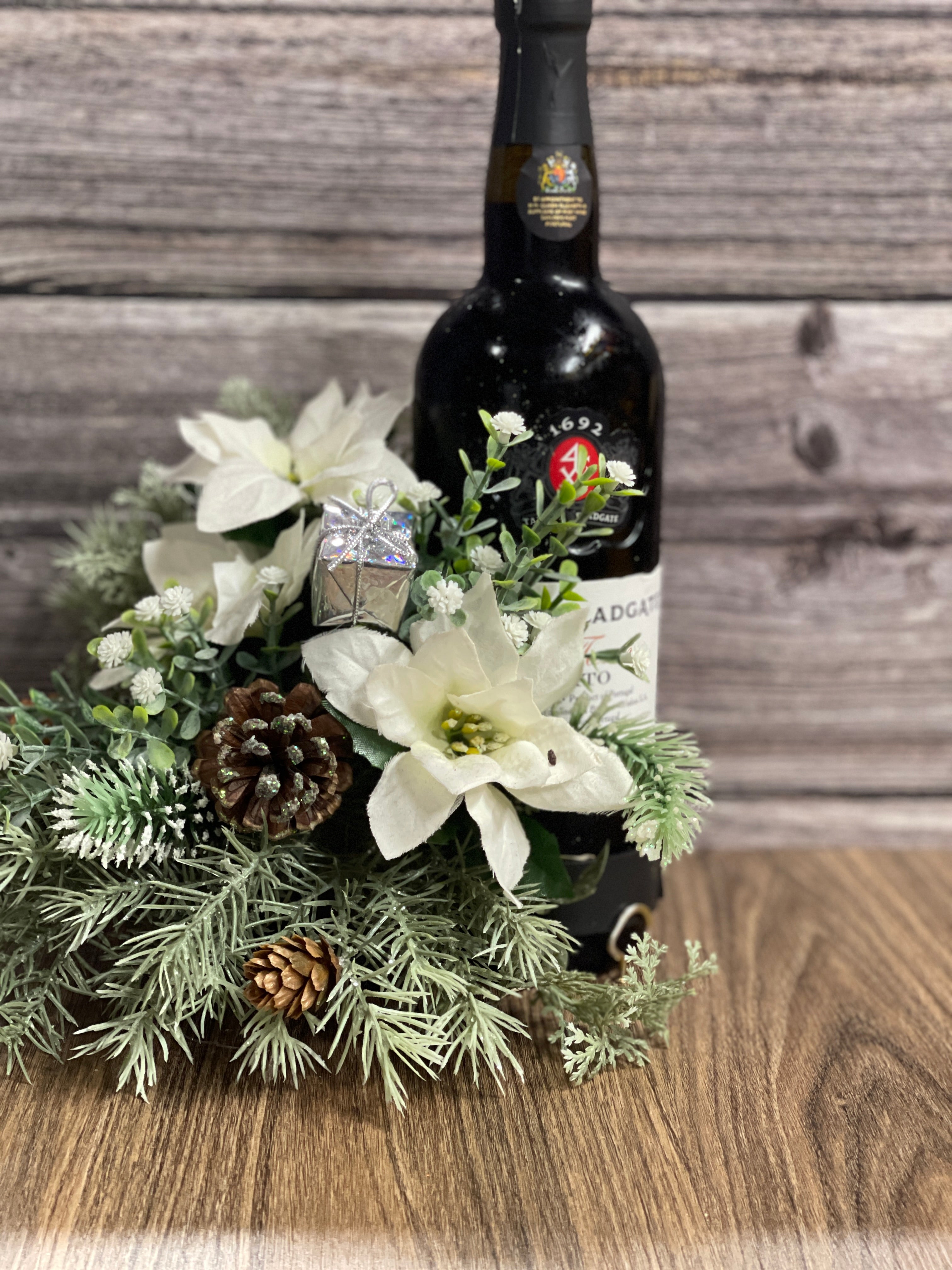 Christmas Floral Bottle Bouquet, Poinsettia and Pine Winter Hostess Gift, KatsCreationsNMore