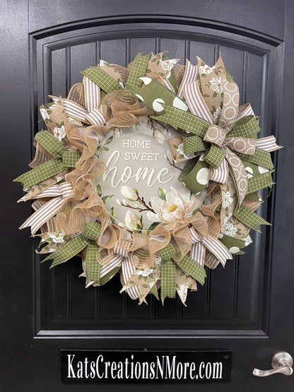 Magnolia Home Sweet Home Everyday Wreath, Southern Charm Front Door Decor, KatsCreationsNMore