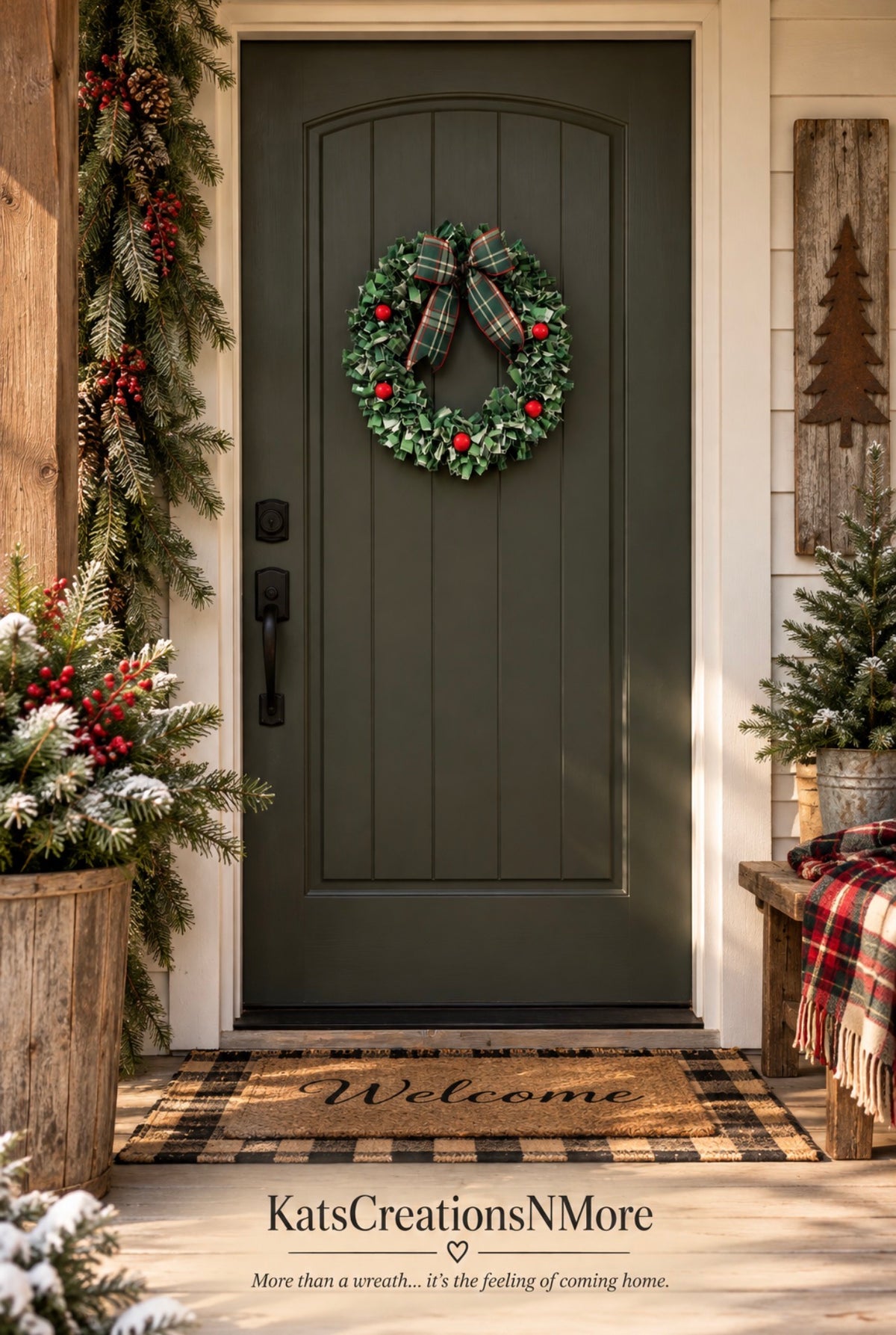 Christmas Fabric Wreath, 16 Inch Plaid Holiday Wreath, Small Farmhouse Door Decor, Rustic RV Camper Christmas Decoration