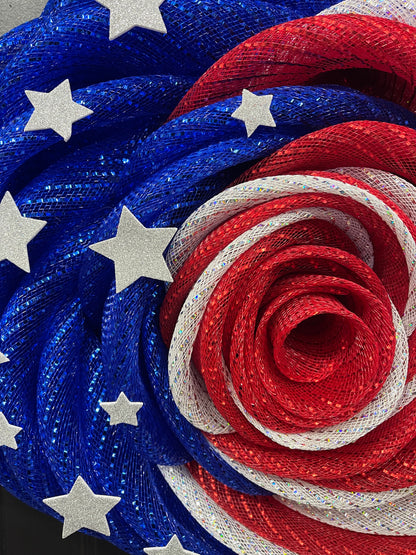 Patriotic Rose Wreath, Deco Mesh Floral Front Door Decor, KatsCreationsNMore