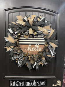 Everyday Hello Wreath, Black and Tan Farmhouse Front Door Decor, KatsCreationsNMore