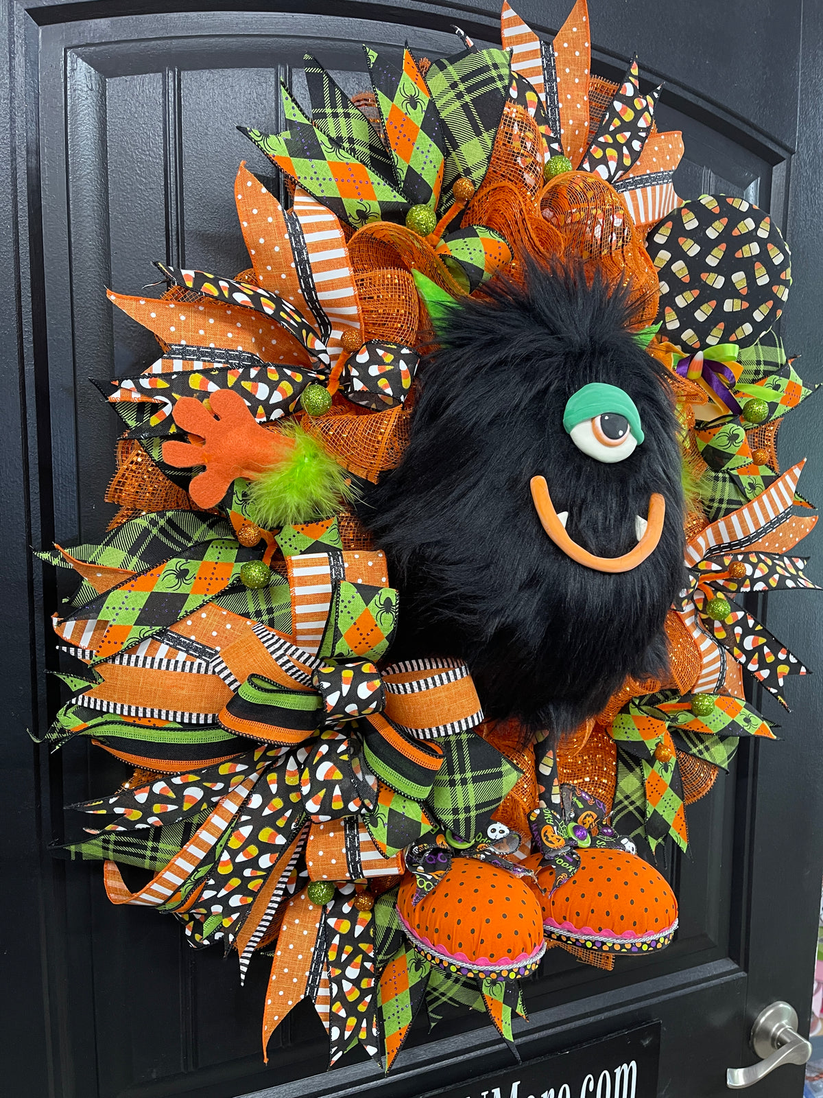 Halloween Monster Candy Corn Sucker Wreath, Seasonal Holiday Front Door Decor, KatsCreationsNMore